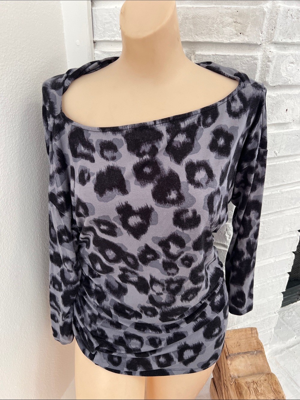 Michael Kors Gray and Black Leopard-Print Long Sleeve Top